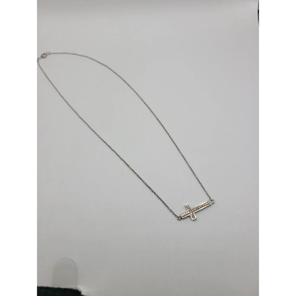 Silver Tone Sideways Cross Necklace Clear Rhinestone Christian Faith Jewelry